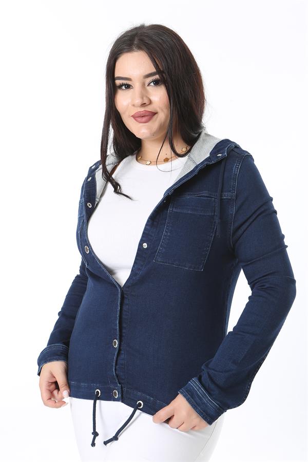 Women's Plus Size Navy Blue Snap Button Hooded Denim Coat 65N38380