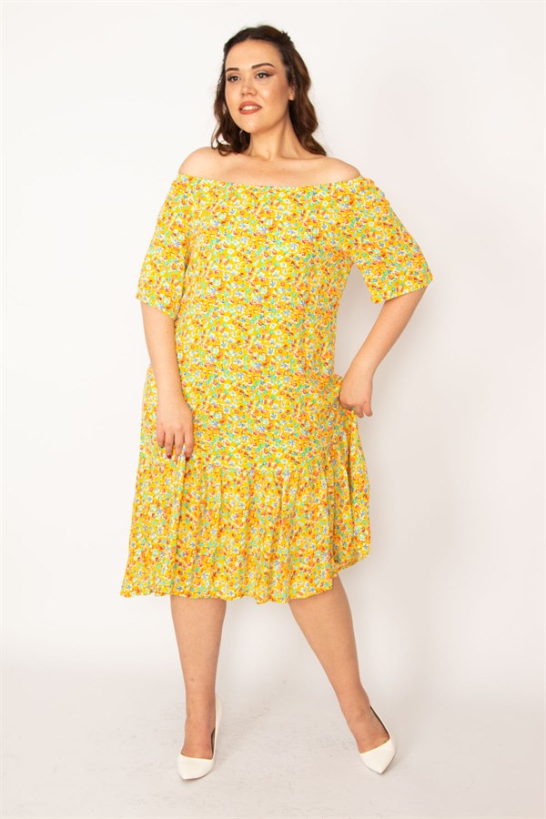 Kadın Fujya Yaka Lastikli Etek Ucu Büzgülü Dokuma Viskon Kumaş Elbise 65N33250