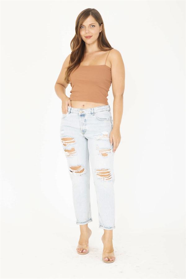 Kadın Büyük Beden Mavi Yırtık Detaylı 5 Cep Kot Pantolon 65N36812