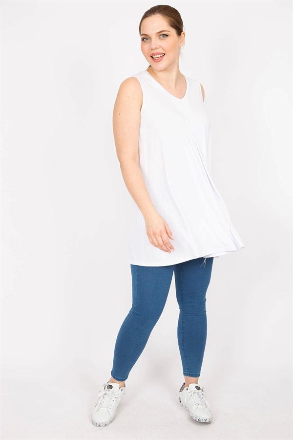 Kadın Beyaz Büyük Beden Önü A Pileli V Yakalı Uzun Bluz