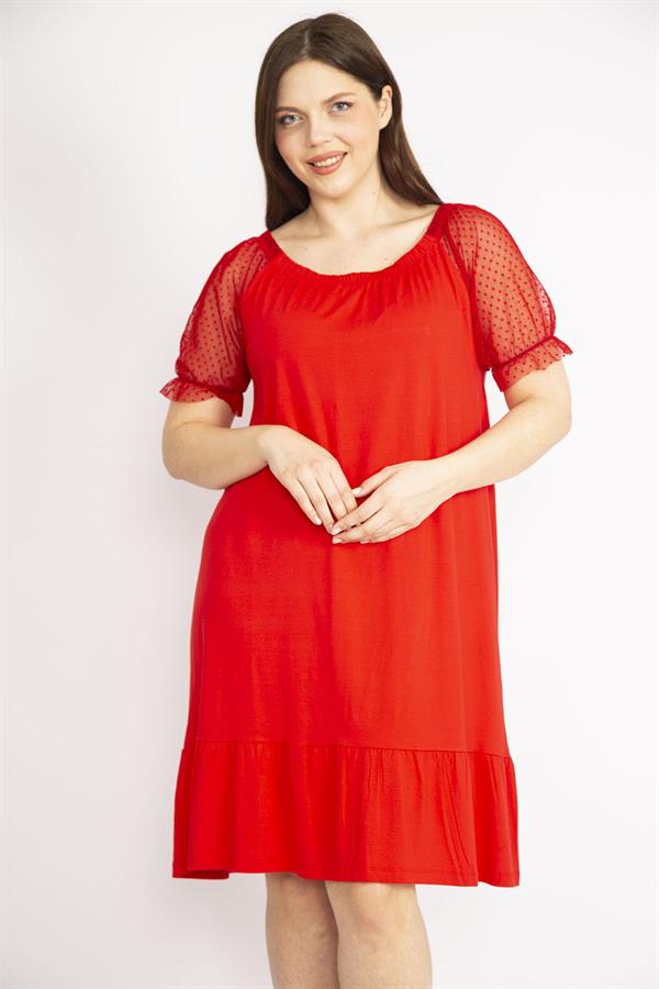 Kadın Kırmızı Büyük Beden Kolları Tül Yakası Lastik Detaylı Etek Ucu Katlı Elbise