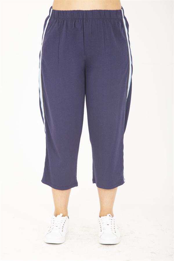 Kadın Büyük Beden Mavi Pamuk Kumaş Yan Şeritli Fermuarlı Tek Cepli Eşofman Alt 65N36809