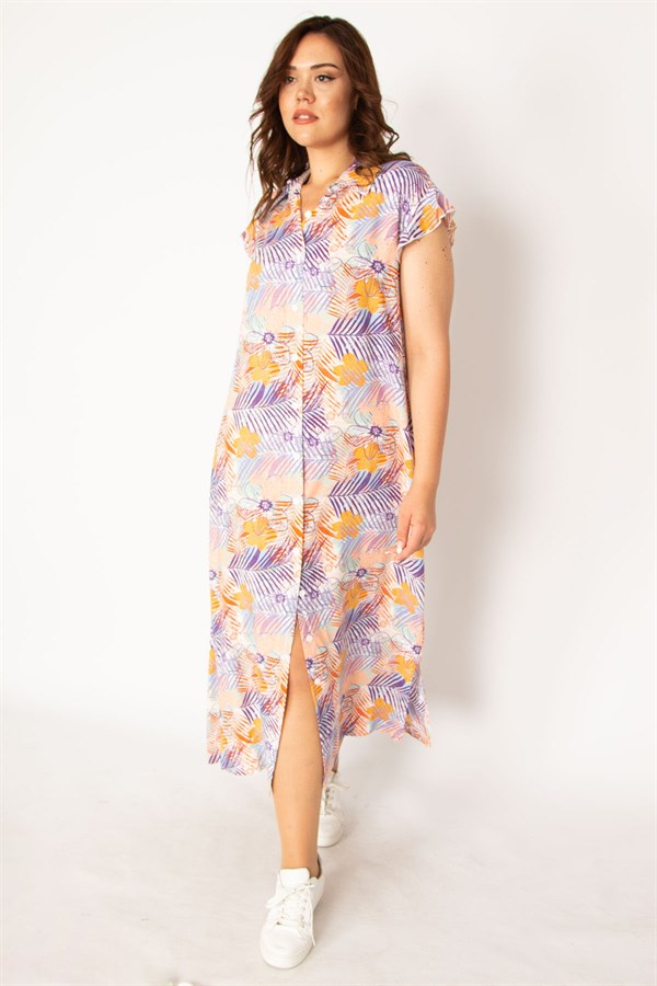 Kadın Renkli Dokuma Viskon Kumaş Ön Boy Düğmeli Gömlek Yakalı Elbise 65N33879