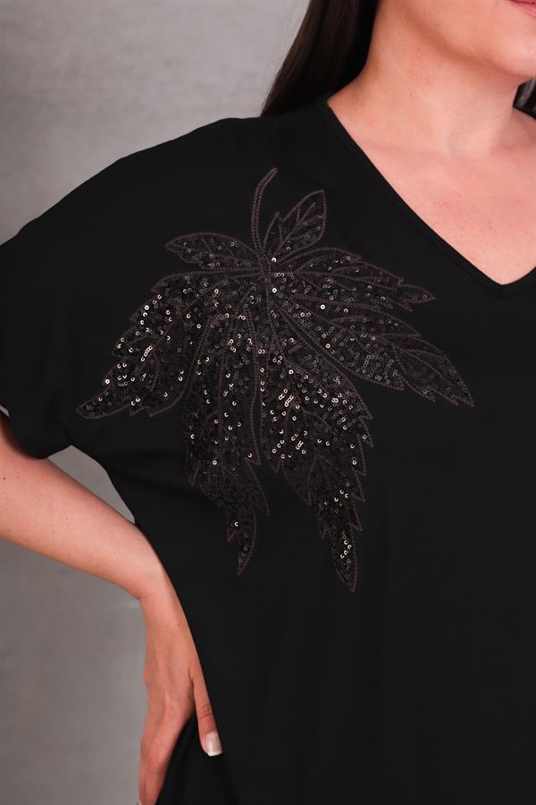 Kadın Büyük Beden Siyah, Omuz Pul Payet Çiçek Desenli, Rahat Kesim V Yaka Elbise 65N39088