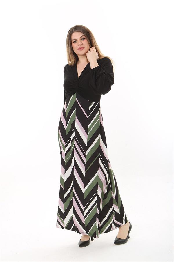 Kadın Büyük Beden Siyah Göğsü Büzgü Detaylı Uzun Kollu Elbise