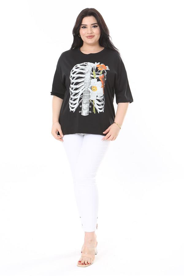 Kadın Büyük Beden Siyah Pamuk Kumaş Ön Baskılı Kısa Kollu Bluz 65N38009