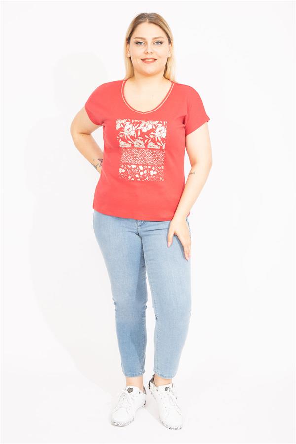 Kadın Nar Büyük Beden V Yakalı Ön Baskılı Bluz 65N35655