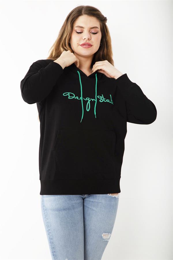 Kadın Büyük Beden Siyah Kapşonlu Kanguru Cepli Sweatshirt 65N37184