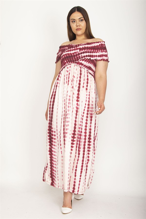 Kadın Fuşya Yakası Geniş Gipe Lastikli Yan Yırtmaçlı Uzun Elbise 65N26897