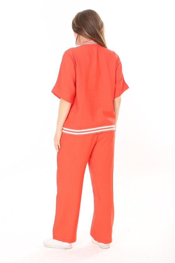 Kadın Büyük Beden Nar Ön Fermuarlı Ribanalı Tunik Ve Pantolon İkili Takım 65N37877