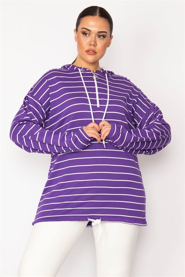Kadın Mor Ön Pat Fermuarlı Kuşgözü Ve Bağcık Detaylı Kapşonlu Çizgili Tunik 65N28699