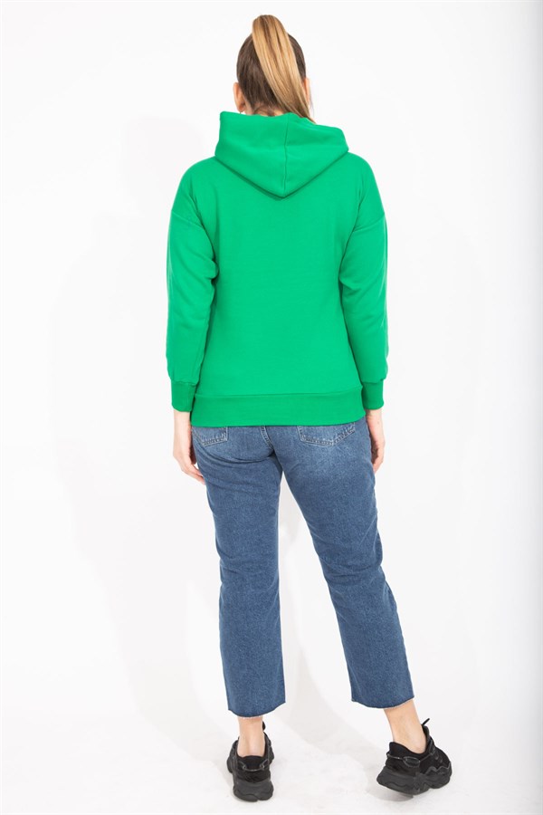 Kadın Siyah İçi Şardonlu 2 İplik Kumaş Ön Pat Düğmeli Kanguru Cep Ve Kapşonlu Sweatshirt 65N35462