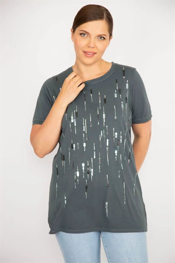 Kadın Büyük Beden Bebe Mavisi Payet Ve Taş İşli Bisiklet Yakalı Bluz