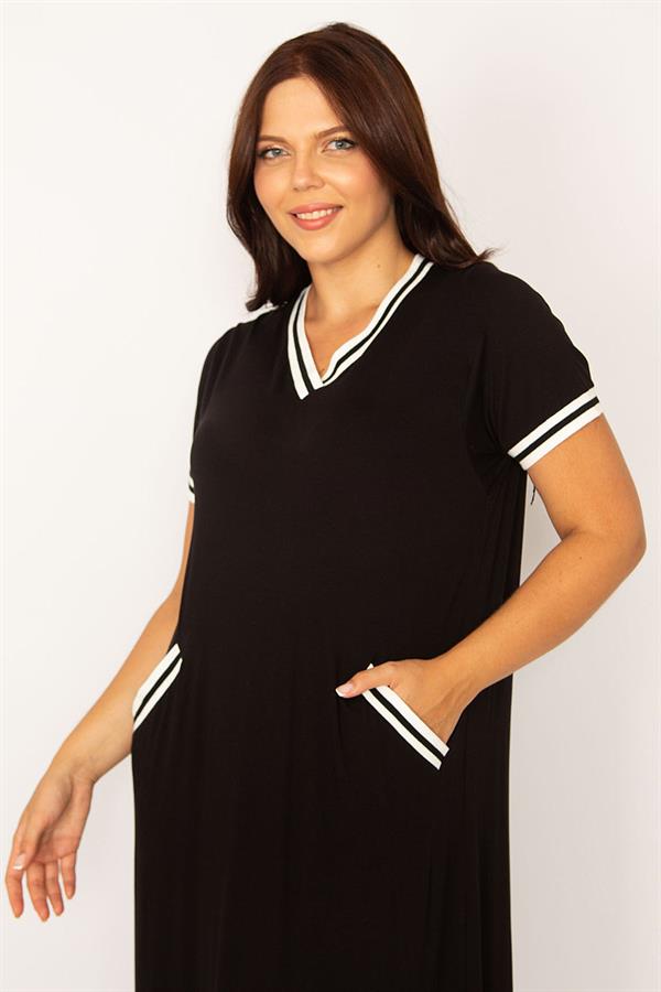 Kadın Lacivert Ribana Detaylı V Yakalı Cepli Elbise 65N34160