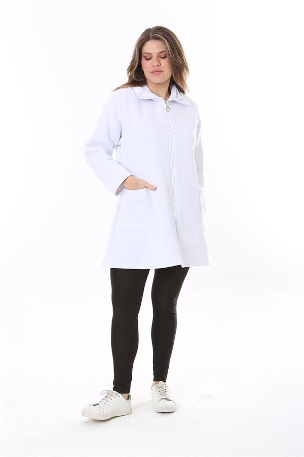 Kadın Büyük Beden Beyaz İçi Şardonlu Ön Fermuarlı 3 İplik Ceket 65N37788