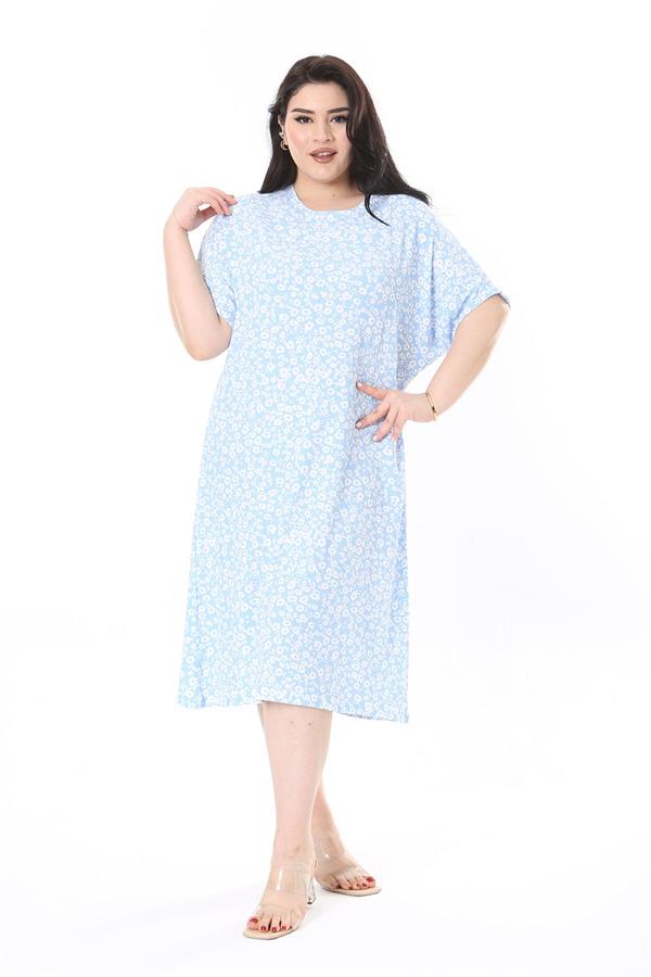 Kadın Büyük Beden Bebe Mavisi Bürümcük Kumaş Kısa Kollu Desenli Elbise 65N37858