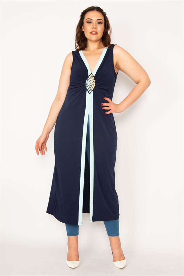 Kadın Lacivert Göğsü Taş Detaylı Kap 65N33205