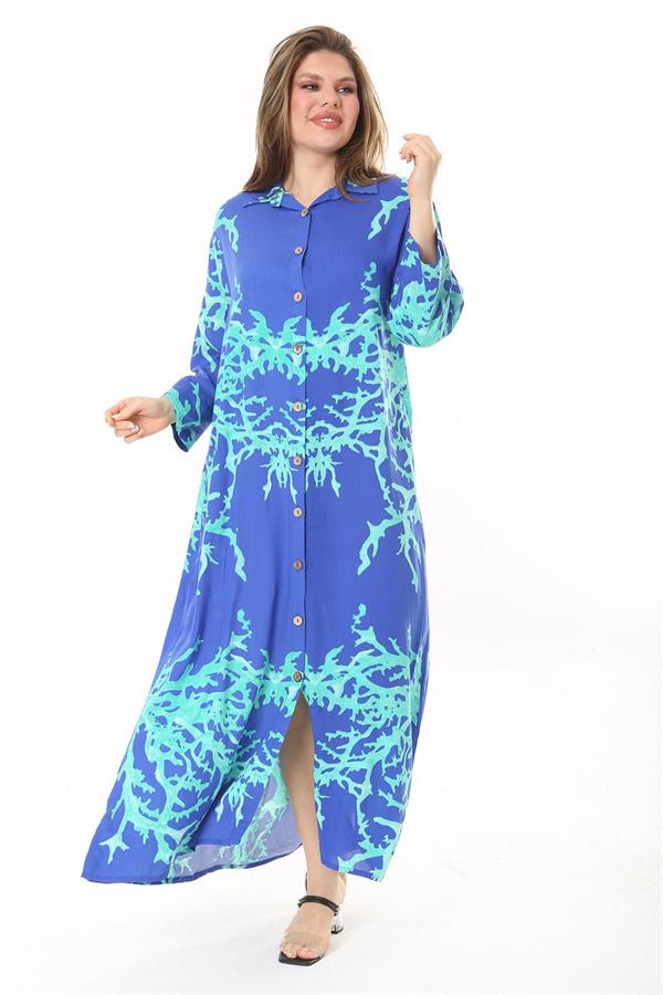 Kadın Büyük Beden Mavi Ön Boy Düğmeli Gömlek Yakalı Uzun Elbise 65N37875