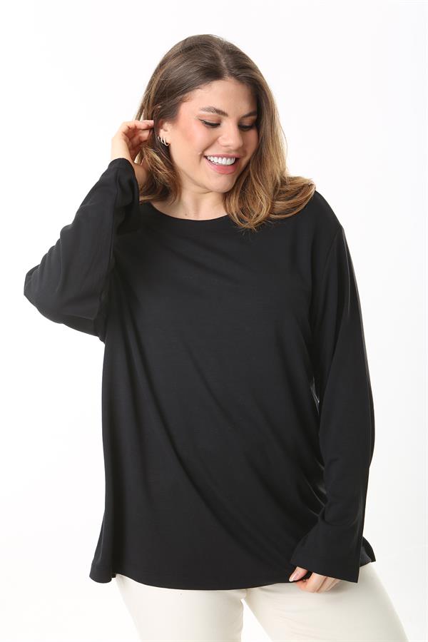 Kadın Büyük Beden Eflatun Bisiklet Yakalı Uzun Kollu Bluz 65N37498