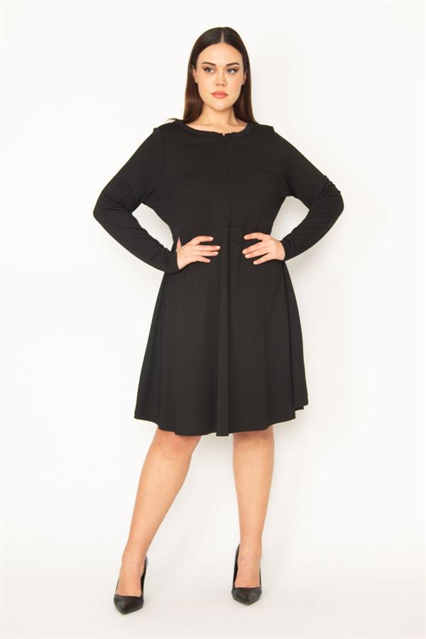 Kadın Siyah Büyük Beden Ön Fermuarlı Bel Bantlı Elbise 65N35673