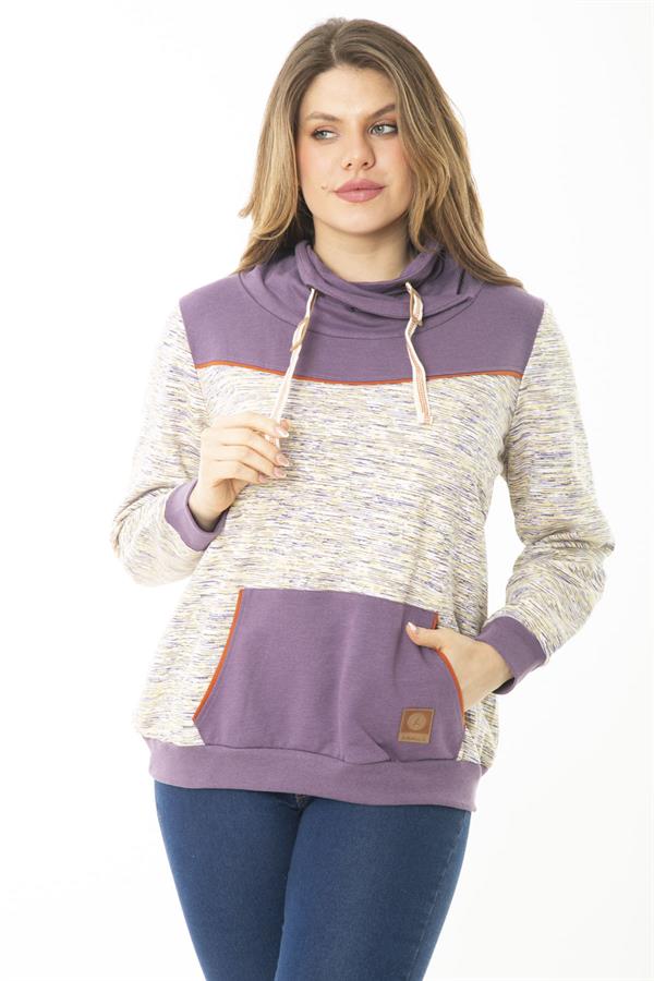 Kadın Büyük Beden Kuşgözü Bağcık Ve Süs Düğme Detaylı Kanguru Cepli Dik Yaka Sweatshirt 65N37122