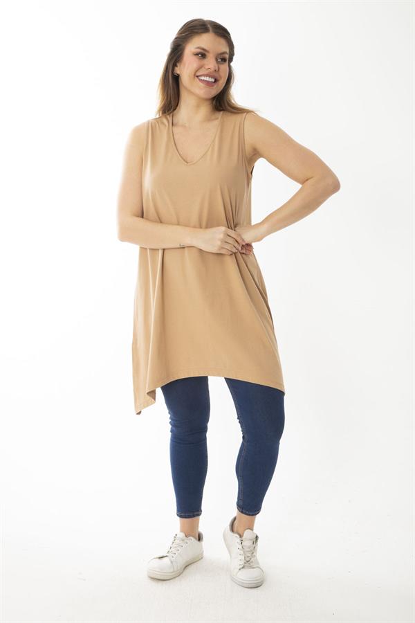 Kadın Büyük Beden Somon V Yakalı Uzun Kolsuz Bluz 65N36920