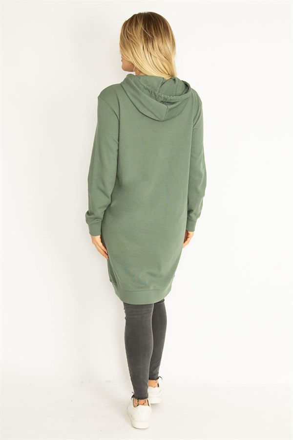 Women's Green Hooded Kangaroo Pocket Long Sweatshirt 65N35070