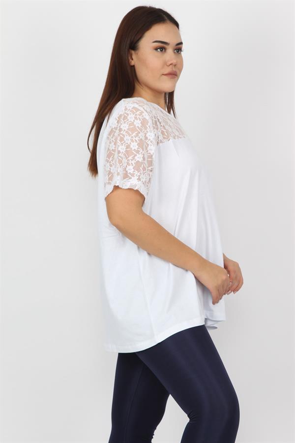 Kadın Beyaz Pamuklu Kumaş Dantel Detaylı Bluz 65N20711