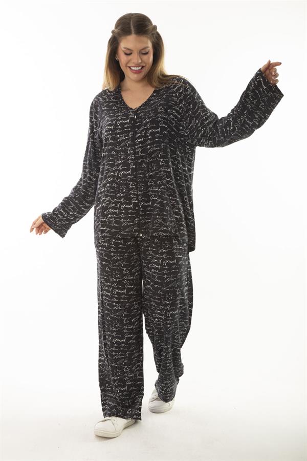 Kadın Büyük Beden Kemik Dokuma Viskon Kumaş Ön Fermuarlı Bluz Pantolon İkili Takım 65N37005