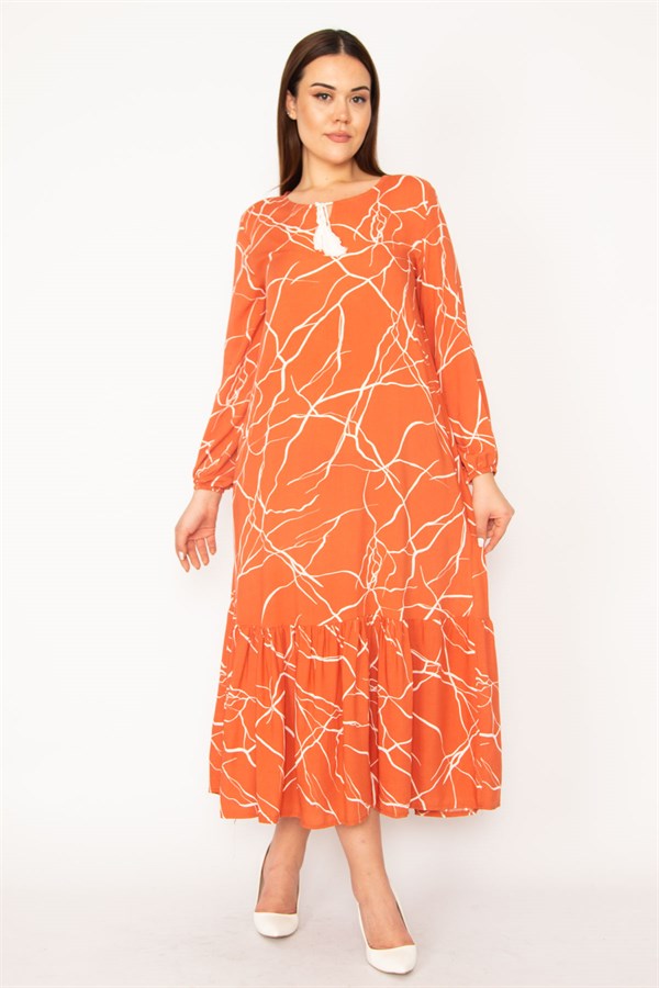 KADIN ORANJ DOKUMA VİSKON KUMAŞ UZUN KOLLU KATLI ELBİSE