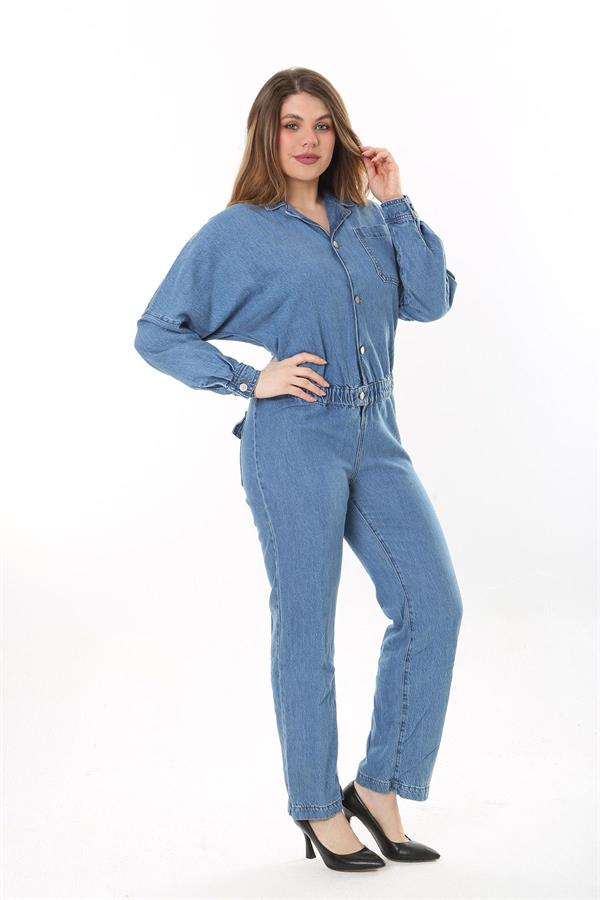 Kadın Büyük Beden Mavi Ön Düğmeli Bel Kısmı Lastik Detaylı Göğüs Ve Arka Cepli Kot Tulum 65N37574