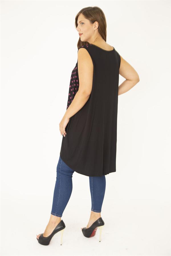 Kadın Büyük Beden Fujya Önü Puan Desenli Yan Kuplu Kolsuz Uzun Bluz 65N36945