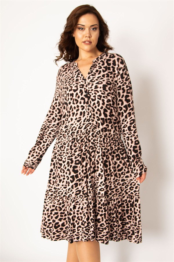 Kadın Kahve V Yakalı Ön Pat Yarım Düğmeli Bel Büzgülü Uzun Kollu Elbise 65N33705