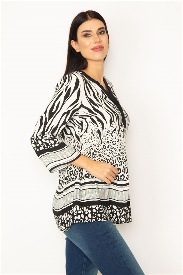 KADIN SİYAH ÖN PAT DÜĞMELİ DESENLİ TUNİK