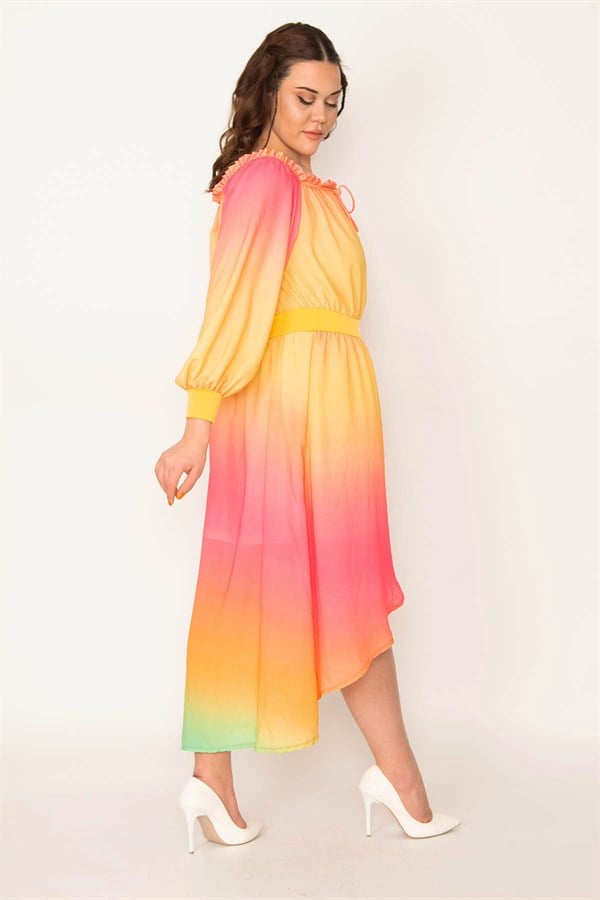 ROBE DE SOIRÉE EN MOUSSELINE DE SOIRÉE POUR FEMMES, COL COLORÉ ET DÉTAILS ÉLASTIQUES À LA TAILLE, DOS LONG DOUBLÉ