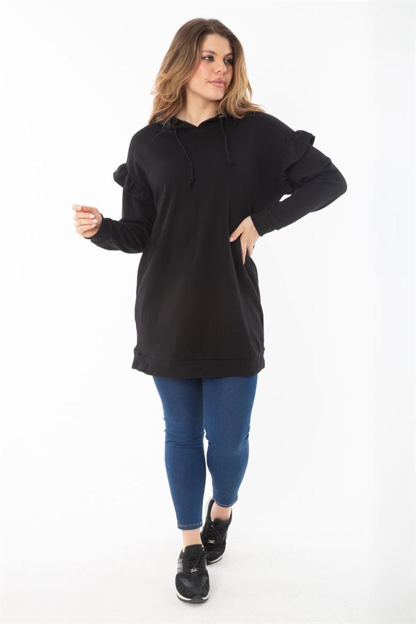 Kadın Büyük Beden Siyah İçi Şardonlu Üç İplik Kol Detaylı Kapşonlu Sweatshirt 65N37299