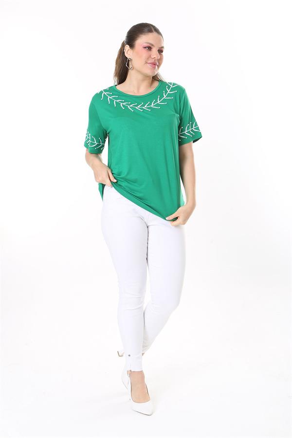 Kadın Büyük Beden Beyaz İnci Ve Nakış Detaylı Kısa Kollu Bluz 65N37677