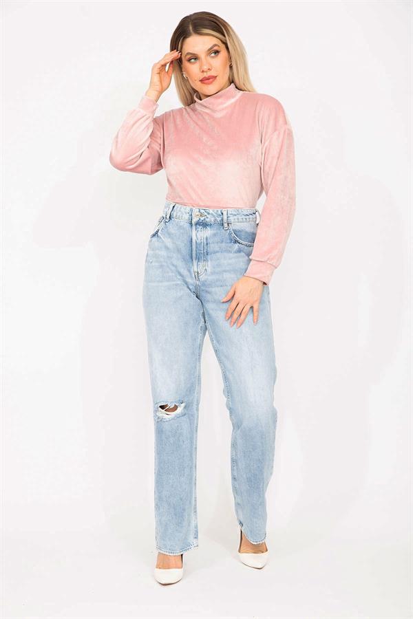 Kadın Büyük Beden Mavi Yıkama Efektli Yırtık Detaylı Yüksek Bel Kot Pantolon 65N37274