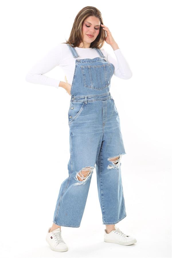 Kadın Büyük Beden Mavi Yırtık Detaylı Kot Salopet 65N37889