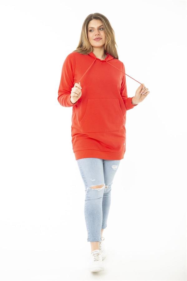 Women's Plus Size Red Double-Thread Hooded Sweatshirt with Raised Inside 65N37160