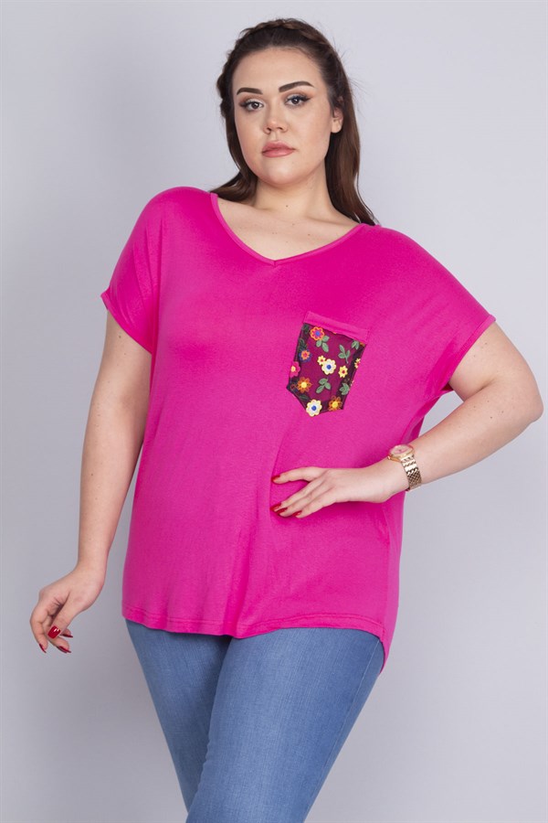 Kadın Fuşya Cebi Yazma Desen Tül Detaylı Düşük Kol Viskon Bluz 65N22702