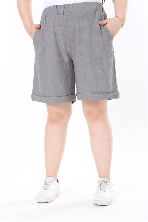 Kadın Büyük Beden Gri Bürümcük Kumaş Beli Lastikli Yan Cepli Şort 65N37979