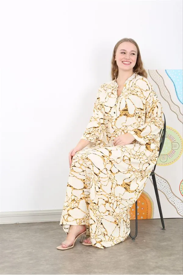 Kadın Büyük Beden Kemik Dokuma Viskon Kumaş Ön Pat Düğmeli Uzun Kollu Elbise 65N38730