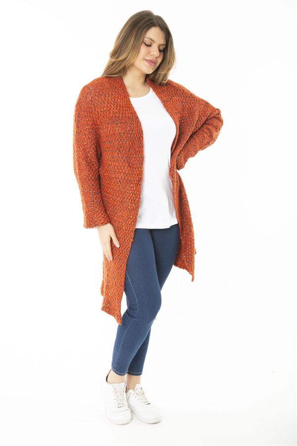 Kadın Büyük Beden Oranj Kalın Triko Hırka 65N37168