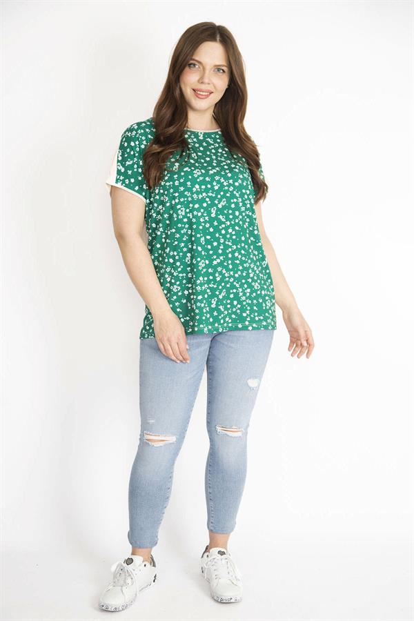Kadın Yeşil Büyük Beden Ön Desenli Düşük Kollu Bluz