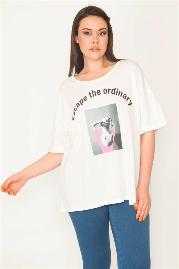 KADIN KEMİK RAHAT KESİM BİSİKLET YAKA ÖN BASKILI BLUZ