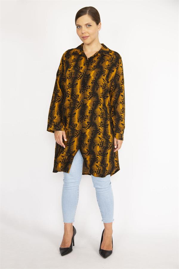 Kadın Büyük Beden Hardal Ön Düğmeli Uzun Kollu Gömlek