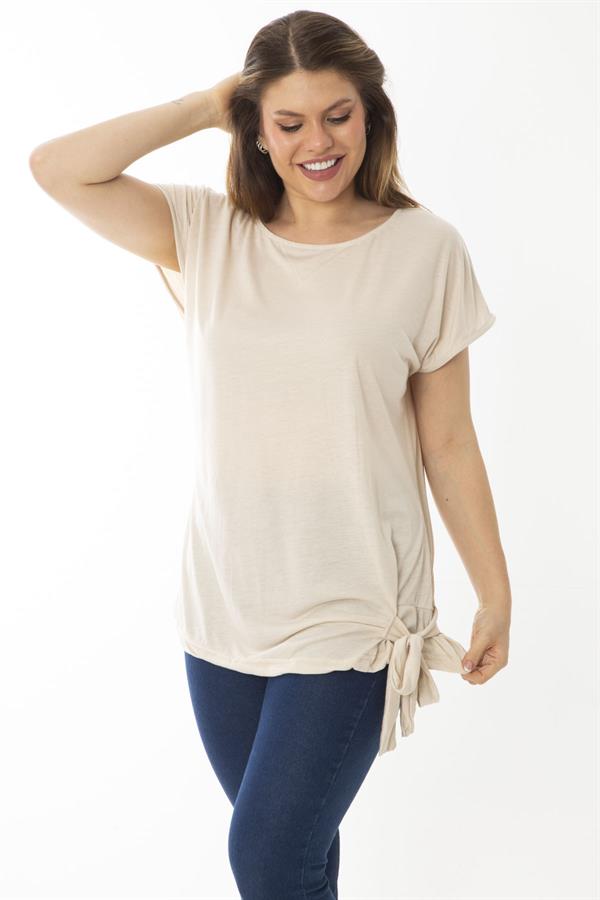 Kadın Büyük Beden Vizon Etek Ucu Bağcıklı Düşük Kollu Bluz 65N37031