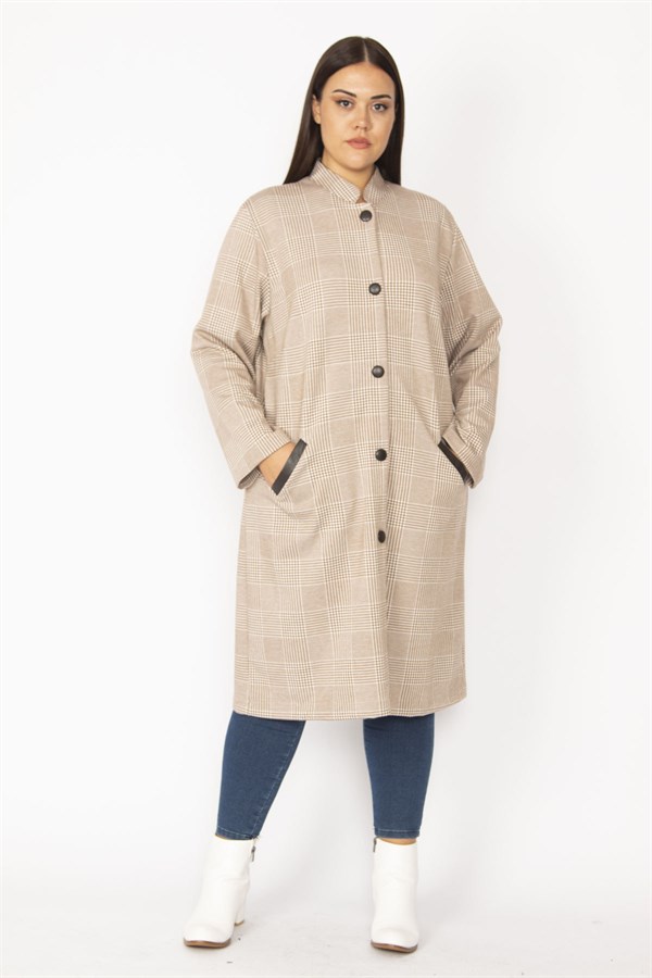 Hakim Yaka Ekose Desenli Ön Boy Baskı Düğmeli Cep Ağzı Suni Deri Garnili Astarsız Uzun Kap