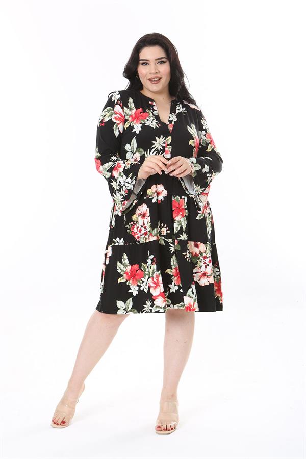 Kadın Büyük Beden Siyah V Yakalı Uzun Kollu Katlı Elbise 65N37944